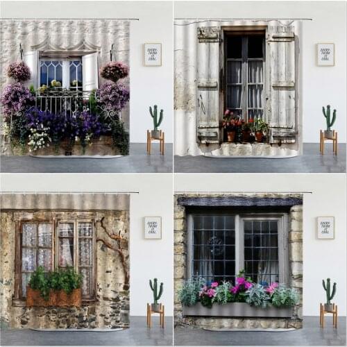 Flowers Scenery Shower Curtains Retro Rural Window Plant Background Wall Decor Hanging Curtain Bathroom Toilet Partition Screens