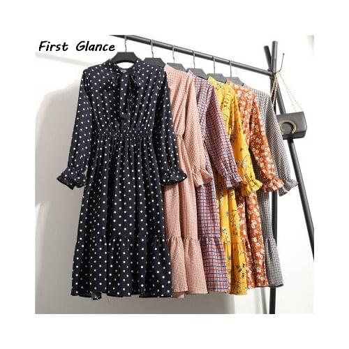 2021 Spring Summer Leisure Plus Size Women Dresses Bohemian Floral Print Long Sleeve Chiffon Shirt Dress Bow Floral Party Dress