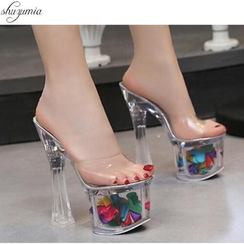 Women Slippers Summer 2019 Sexy Crystal Slipper Heels 17cm Transparent Sandals Cool Slippers Big yards Females Wedding Shoe