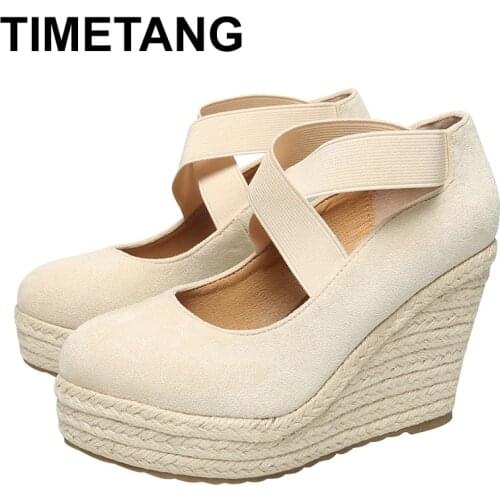 TIMETANGWomen 10cm Heel Same Suede Wedge Single Shoes Womens Shallow Mouth Espadrilles Spring and Autumn New Sandals High Heels