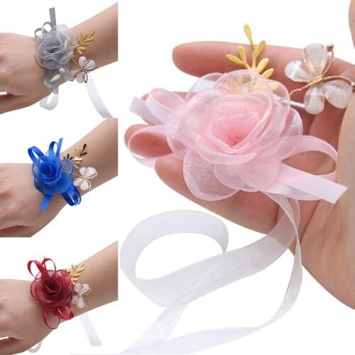 Wrist Corsage Bridesmaid Wedding Boutonniere Silk Rose Flower Bracelet Elegant Wristbands Bracelet Wedding Accessories Women