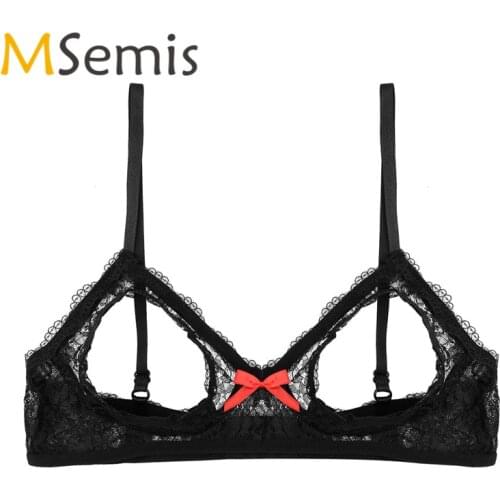 Women Open Cup Bra Sexy Lingerie Lady Lace Floral See-through Bra Top Triangle Bralette V-neckline Wire-free Satin Underwear