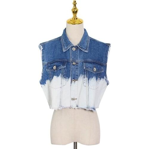 2021 Summer Washed Contrasting Color Sleeveless Single-breasted Lapel Sleeveless Korean Fashion Tooling Powder Short Vest Jacket