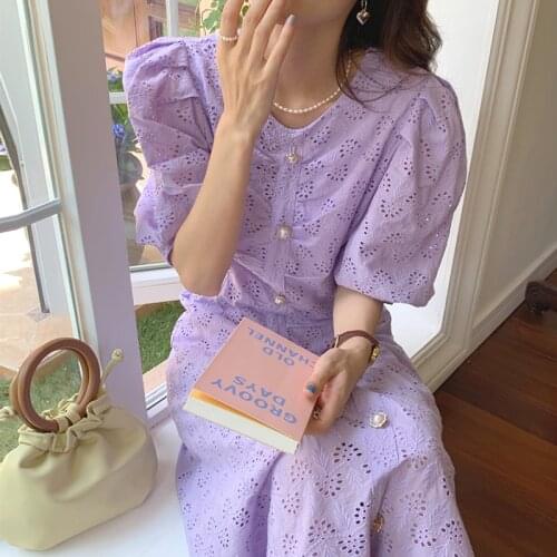 Korea Chic Summer Temperament Elegant Round Neck Hollow Crochet Pearl Buckle Slim Slimming Puff Sleeve Dress Female