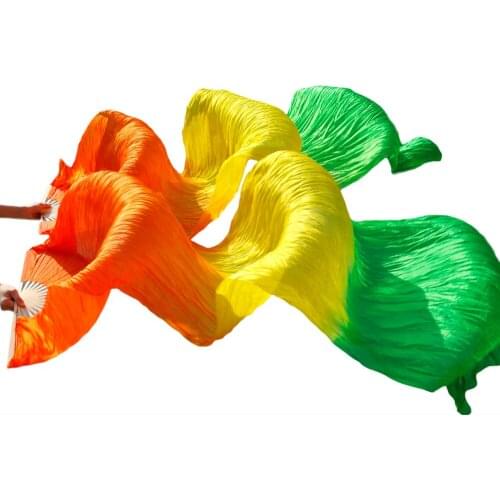 Dance Fans 100% Silk Long Fans Belly Dance Accessories Silk Fans Handmade Dyed 1Pair Belly Dance Fans Orange+Yellow+Green 180x90