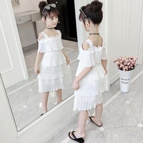 2021 Summer Girls Clothes chiffon Strapless Sling Dress lace teenager Fashion Leyered Dress 4 5 6 7 8 9 10 11 12 13 14 years