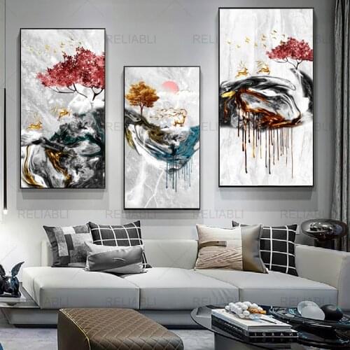 Golden Deers Tree Abstract Landscape Posters and Prints Modern Canvas Painting Light Luxury Wall Pictures for Living Room Decor