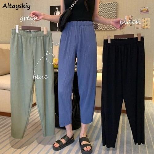 Pants Women Solid Simple Ankle-Length Summer New Casual Loose Chic Students Elastic Waist Fashion Sweet Elegant Leisure Trendy