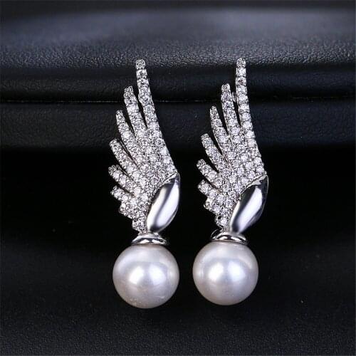 Ekopdee Fashion Luxury Feather Pearl Dangle Stud Earring For Women Elegant Angle Wing Zircon Earrings Wedding Engagement Jewelry