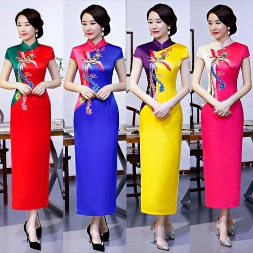 FZSLCYIYI Hot Sale Green Chinese Style Formal Dress Women Silk Satin Long Qipao Vintage Elegant Print Flower Cheongsam