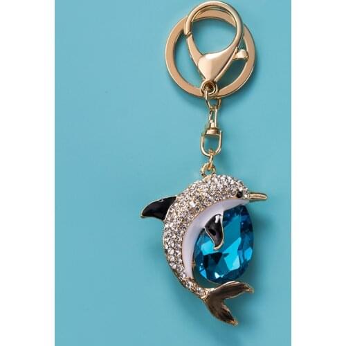 Crystal Dolphin Diamond Metal Keychain Pink White Blue Creative Pendant Bag Car Keyring Jewelry Lanyard Accessory Cute Girl Gift