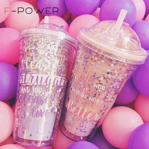 Cupture Insulated Double Wall Tumbler Cup with Lid Reusable Straw Creative Double Straw Cup 480ml ins plastic water handy cup