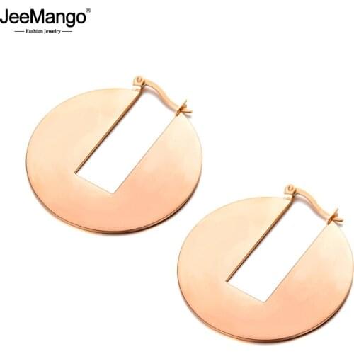 JeeMango Bohemia Round Shape Rectangular Notch Hoop Earrings Punk Style Rose Gold Stainless Steel Anniversary Jewelry JE18071