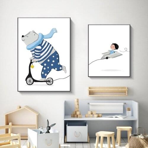 Cycling bear and Little Boy Dog Posters and Prints Wall Art Canvas Picture For Kids Baby Room Canvas Painting Nursery Home Decor