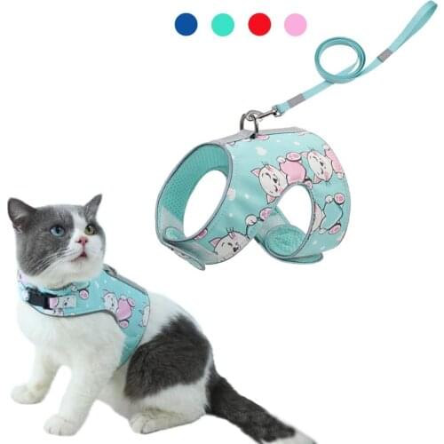 Cat Harness and Leash Set for Escape Proof Walking Soft Mesh Holster Style Adjustable Reflective Breathable Printed Vest Harness