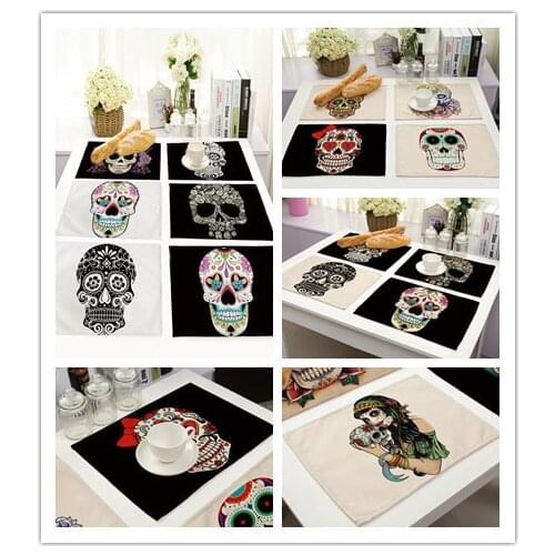 Personality Placemat Retro Smiling Skull And Flower Cotton Linen Insulation Pad Coaster Dining Tabel Decorative Accessories
