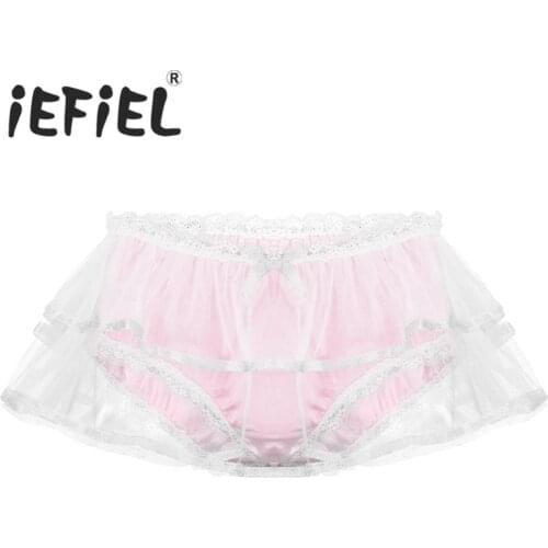 Mens Sissy Smooth Satin Lingerie Mid Rise with Elastic Waistband Double Mesh Layers Lace Trim Underwear Sexy Underwear Panties