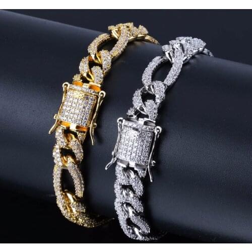 New Fashion 10mm Box Lock Chain Bracelet for Men Hip Hop Bling Iced Out Paved Rhinestones CZ Rapper Bracelets Jewelry Gold