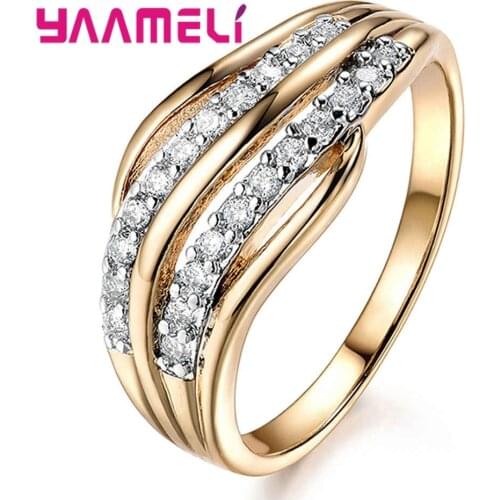 New Amazing Classic Gold Color Finger Rings 925 Sterling Silver Geometric Women/Lady/Girlfriend Wedding Party Jewelry