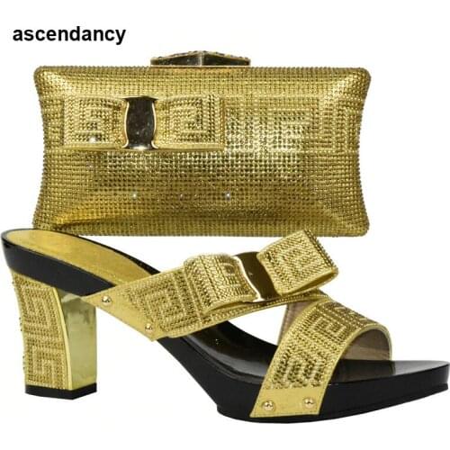 New Gold Shoes and Bag Sets for Women African Shoes and Bag Set Decorated with Rhinestone Nigerian Shoes and Bag Set for Women