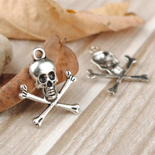 High Quality 20 Pieces/Lot 23mm*19mm Antique Silver Plated Crossed Bone Skull Charms