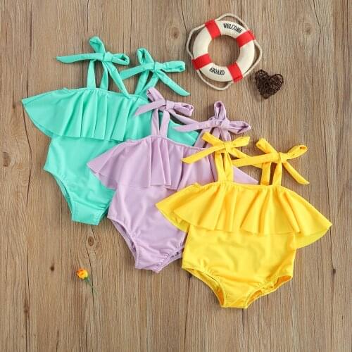 Pudcoco 1-5 Years Baby Bodysuit Swimsuit with Ruffle Trim Adjustable Shoulder Strap Simple Style Summer Solid Color Clothing