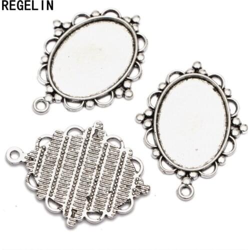 REGELIN Antique Silver Metal Alloy Cameo 10pcs Flower 18*25mm Oval Pendant Cabochon Settings Jewelry Accessories