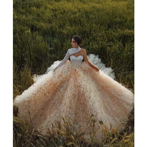 Luxury Vestidos De Fiesta High Collar Beaded Heavily Long Sleeve Ruffled Ball Gown Champagne Evening Dresses