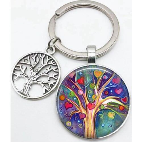 Super Art Tree Keychain Leaf Pattern Round Glass Key Chain Family Pendant Key Chain Must-have Key Chain