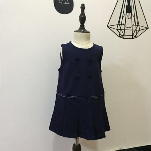 Spring & autumn kids solid dresses baby girls navy crew neck dress