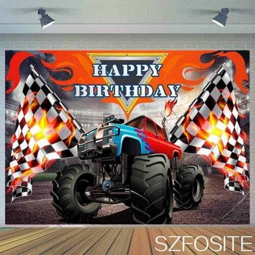 Cartoon Red Flame Truck Monster Backdrop Cloth Boy Birthday Pictorial Cake Table Decoration Picture Custom Kids Vinyl Background