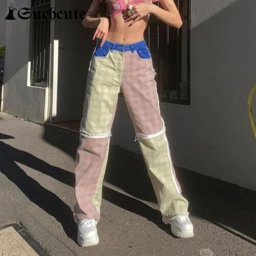 SUCHCUTE Jeans Female Y2K Patchwork Streetwear Vintage Clothes Tie Dye Cargo Pants Women Harajuku Casual Fashion Denim Trousers
