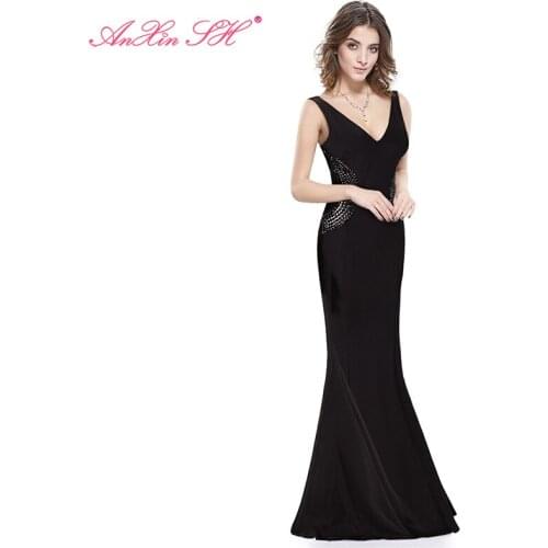 AnXin SH vintage black satin mermaid evening dress sexy v neck beading crystal blue sleeveless trumpet black evening dress 1495