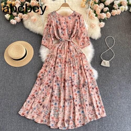 Women Bohemian Print Beading Dress Puff Sleeve O Neck Sashes A line Chiffon Dresses Summer Boho Casual Holiday Midi Dress