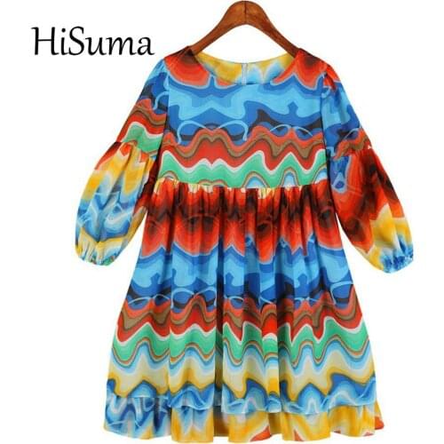 2020 autumn new female Ocean Printing dress Womens Chic Elegant O-neck High Waist Ruffles Chiffon Dress Women fairy dresses