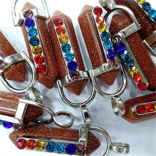 10Pcs 41x8mm Wholesale Brown Gold Sand Stone Six Angle Alloy With Hood Set Auger Reiki DIY Handmade Jewelry Accessories S817