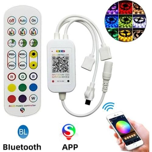 The 2-Port RGB Bluetooth Voice Controller LED Music Dimmer 24-Key Remote Control Wireless APP Control for LED Strip Lights
