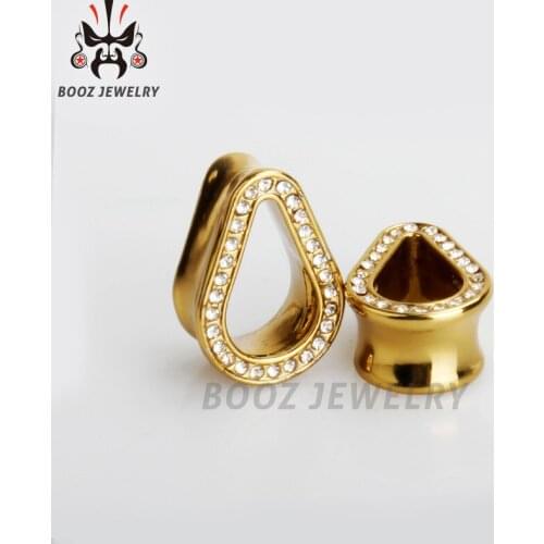 New fashion copper teardrop ear plugs crystal ear tunnels piercing body jewelry pair selling 2pcs lot free shipping