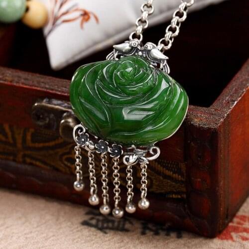 2018 New Arrival Jasper New S925 Pure Antique Mosaic And Lotus Flower Magpie Tassel Sweater Chain Pendant Wholesale