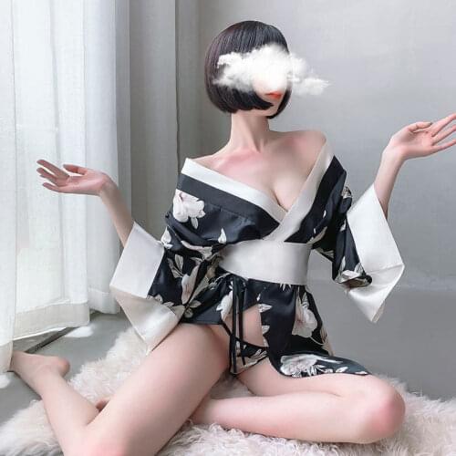 2020 Sexy Lingerie Uniform Temptation Cardigan V-Neck Printing Japanese Bowknot Large Cuff Kimono Exquisite Widening Girdle Suit