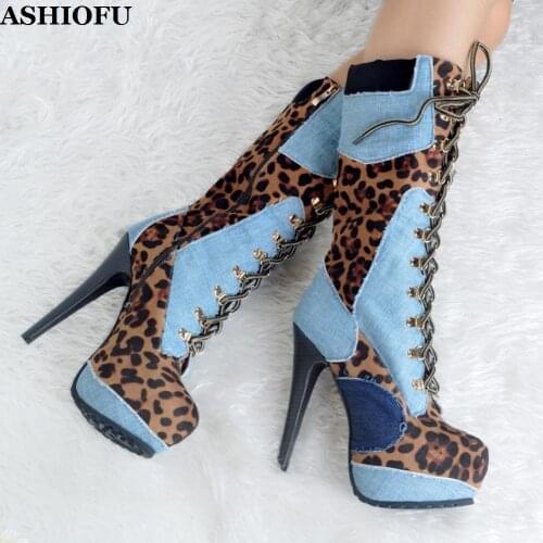 ASHIOFU New Classic Handmade Womens High Heel Boots Leopard Sexy Party Club Ankle Boots Platform Fashion Winter Boots Shoes