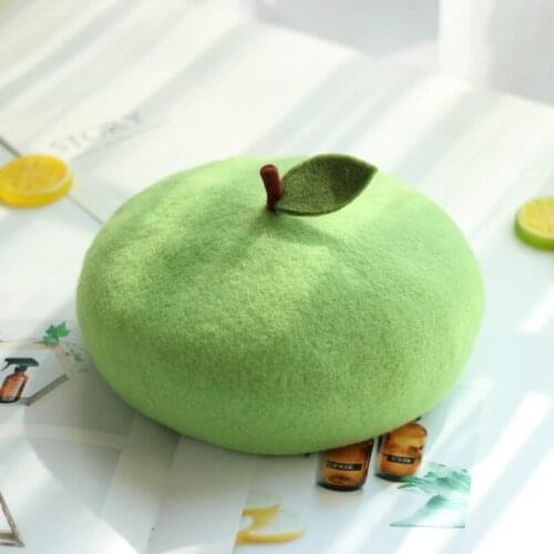 Womens beret handmade DIY fruit green apple painter hat cute girl little leaf woolen hat autumn and winter outdoor warm beanie