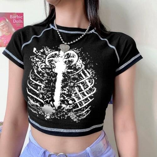 Aesthetic Skeleton Grunge Graphic Women T-shirts Harajuku Y2K Crop Tops 90s Slim Skull Print Art Vintage Black Punk Goth Clothes