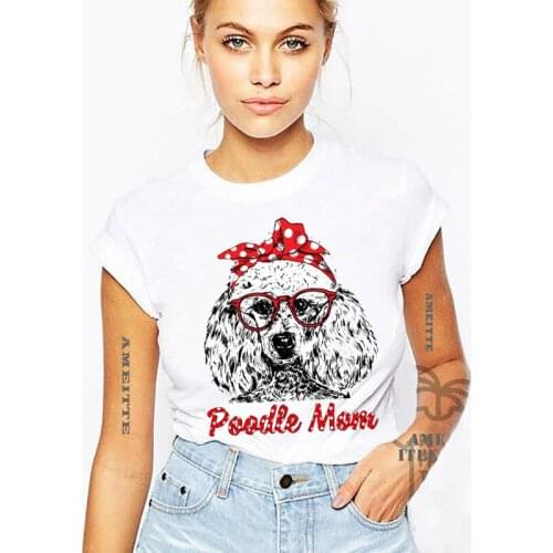 Poodle Mom Ever Red Polka Dot T-Shirt Women Short Sleeve Woman Funny Pet Dog Print Casual White Tee shirt Fashion Cute Girl Tops