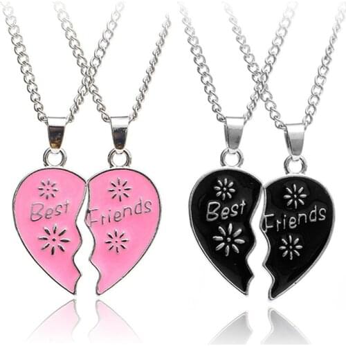 Classic Broken Heart Carved Best Friends Charm Pendants Necklaces for Girls BFF Pink Black Statement Friendship Necklaces Gift