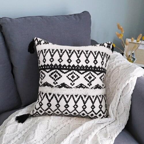 Kwasten Kussenhoes 45x45/30X50Cm Black White Kussensloop Met Kwasten Handgemaakte Vierkante Thuis Boho Decor Macrame Kussenslop