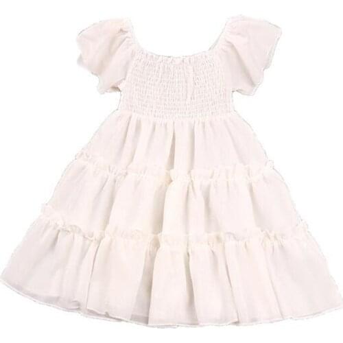 Summer Cute Baby Girls Chiffon Dress Lovely Baby Girls Princess Knee Length A-Line Dress White Short Sleeve Swing Dresses 2021