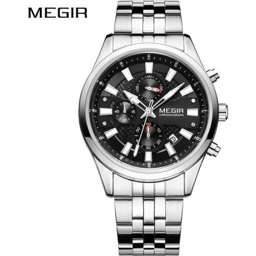 MEGIR Top Brand Mens New Chronograph Analog Quartz Watch Date Luminous Hands Waterproof Full Steel Strap Wristwatch Male 2020