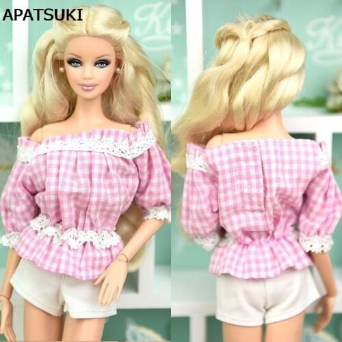 Fashion Off-shoulder Plaid Lace Clothes For Barbie Doll 1/6 Flounced Top Shirt Outfits For XinYi Momoko BJD Doll Accessory