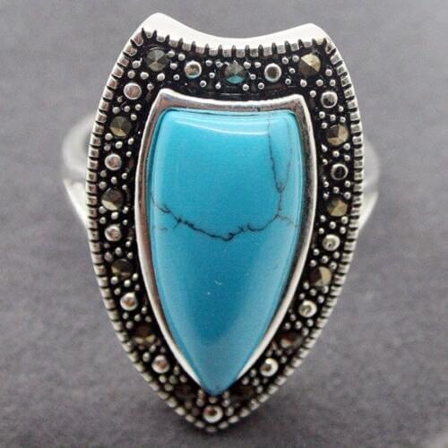 NEW 26X14MM Blue Turquoise Marcasite 925 STERLING SILVER RING Size US 7 8 9 10